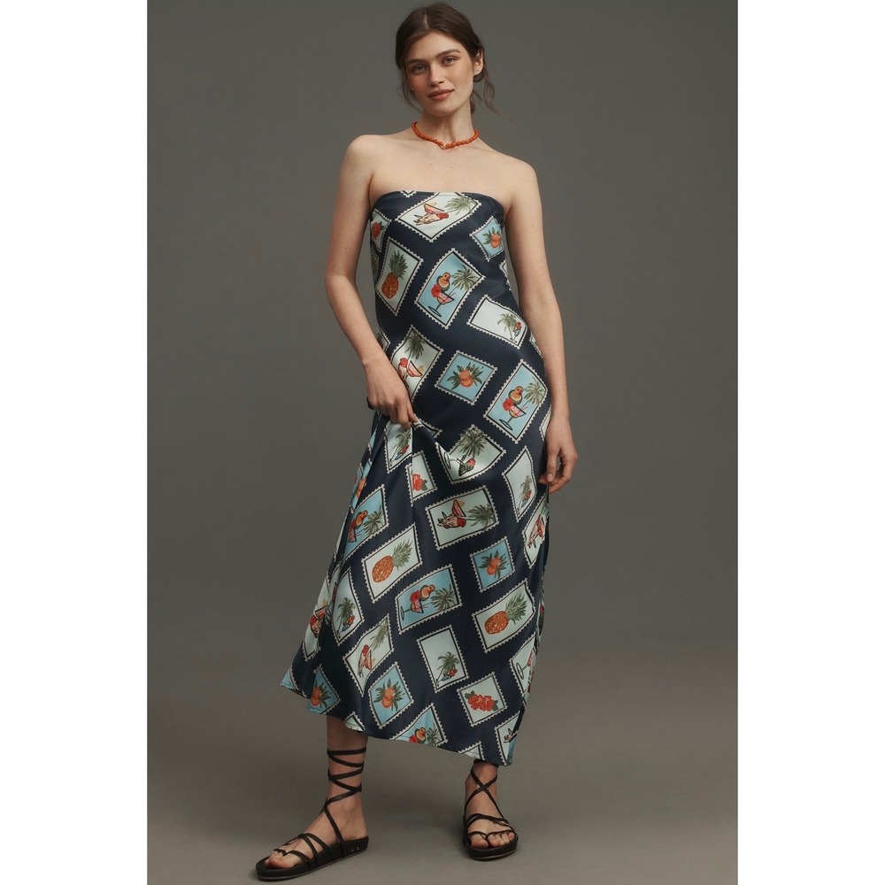 NWT Conditions Apply Anthropologie Chloe Maxi Slip Dress‎ Large Tropical Stamp